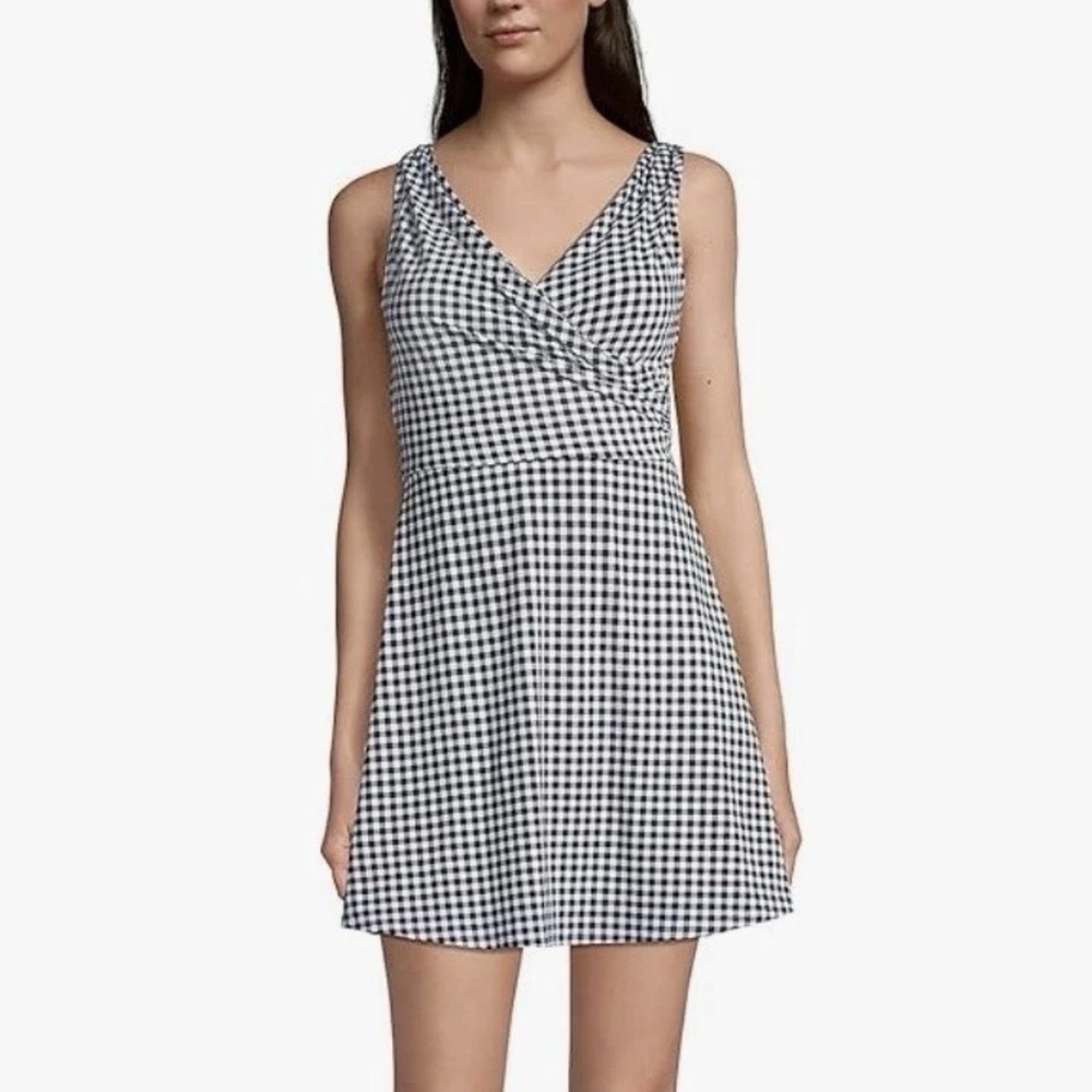 Lands End Womens Black White Gingham Swim Dress Bathing Suit SIZE 18 Plus Modest